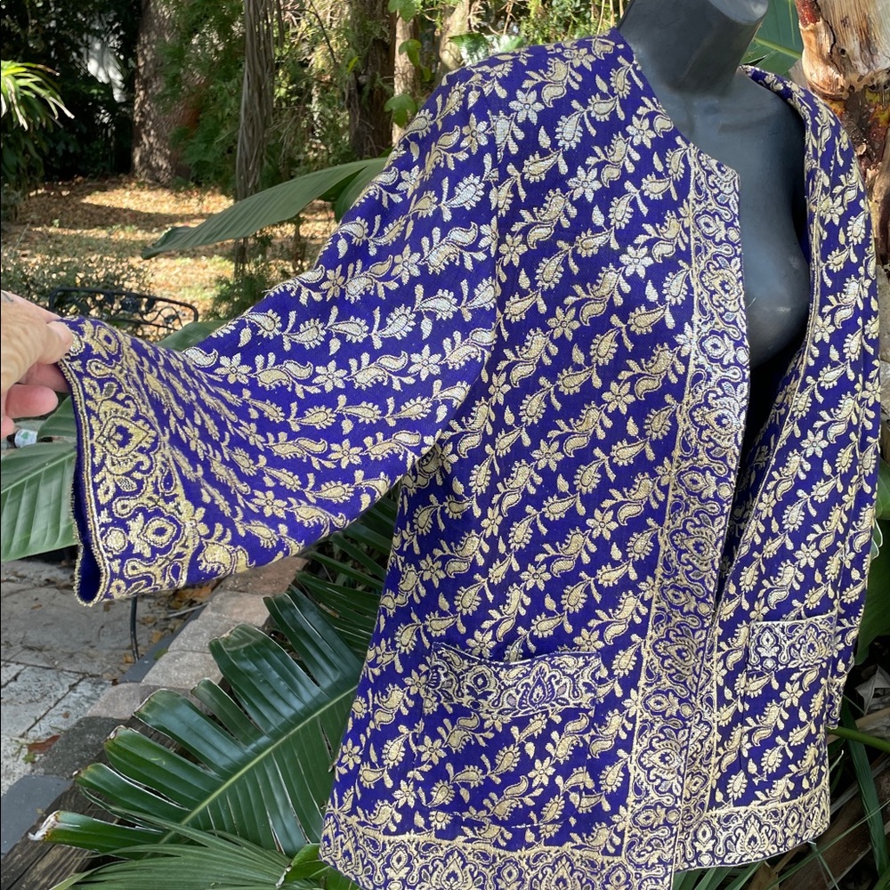 Gold brocade border, print, custom tailored jacket